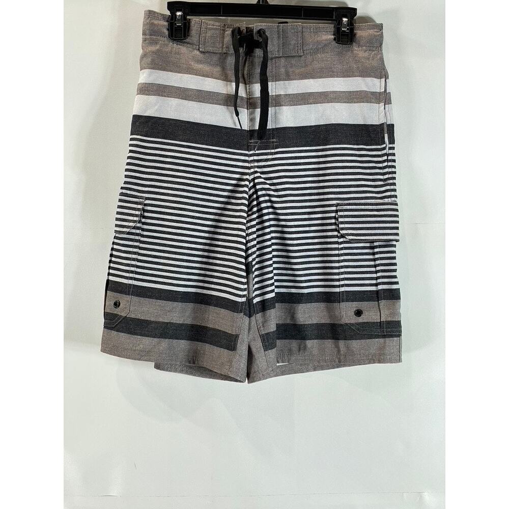 MONUMENT Men's Gray/Black Striped Elastic Drawstring Pull-On Board Shorts SZ S